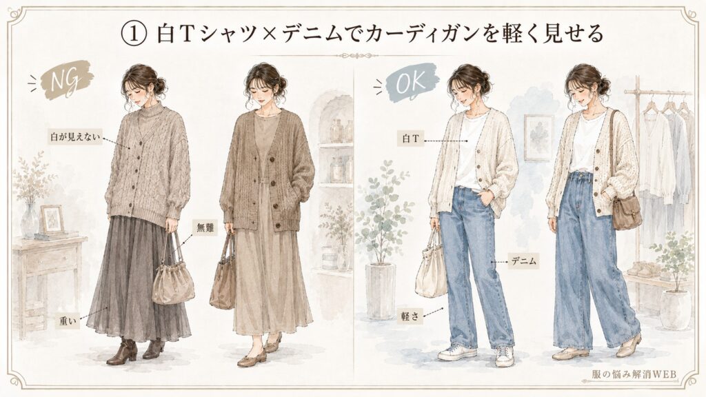 白Tシャツとデニムを使ってカーディガンを軽く見せるOK例と、重く無難に見えるNG例を比較したイラスト
