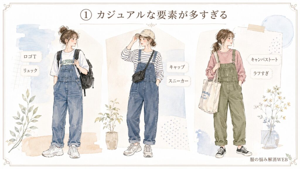 ロゴTやリュック、キャップ、スニーカーなどカジュアルな要素を重ねたサロペットコーデのNG例