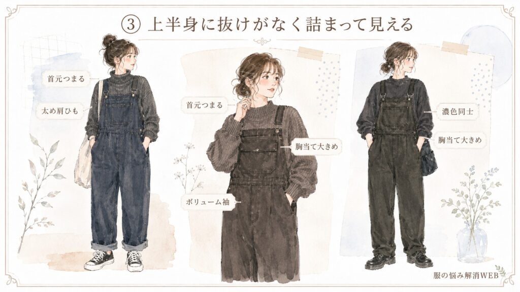 首元の詰まったトップスや太い肩ひも、大きな胸当てで上半身が重く見えるサロペットコーデのNG例