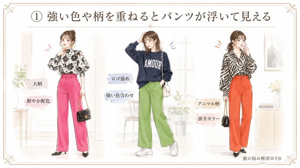鮮やかなカラーパンツに大柄トップスや強いロゴ、アニマル柄を重ねた、パンツが浮いて見えやすい3つのNGコーデイラスト