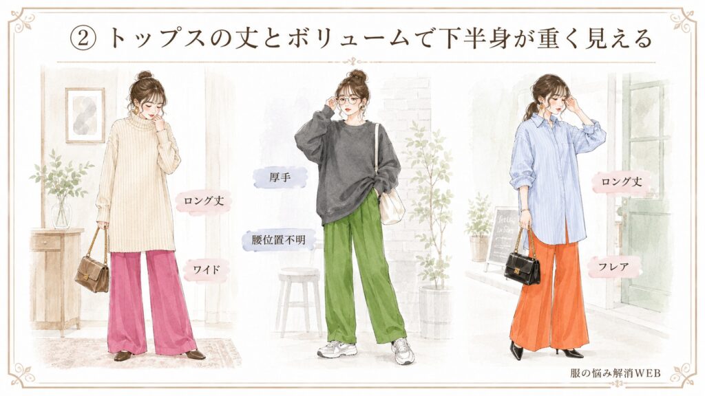ロングニットや厚手のスウェット、長めのシャツをカラーパンツに合わせ、下半身が重く見えやすくなった3つのNGコーデイラスト