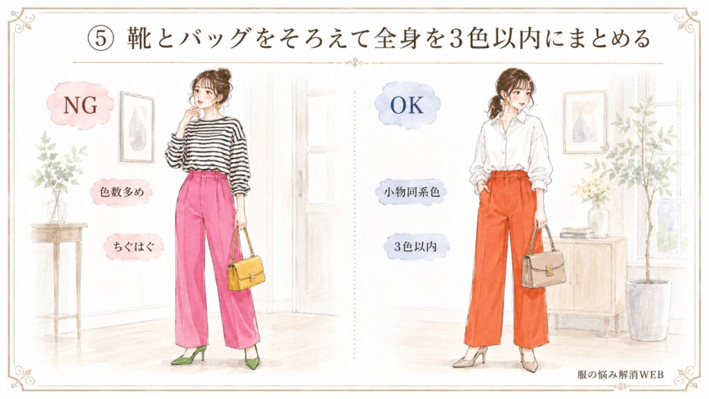 靴とバッグの色がばらばらなNG例と、小物を同系色にそろえて全身を3色以内にまとめたOK例の比較イラスト