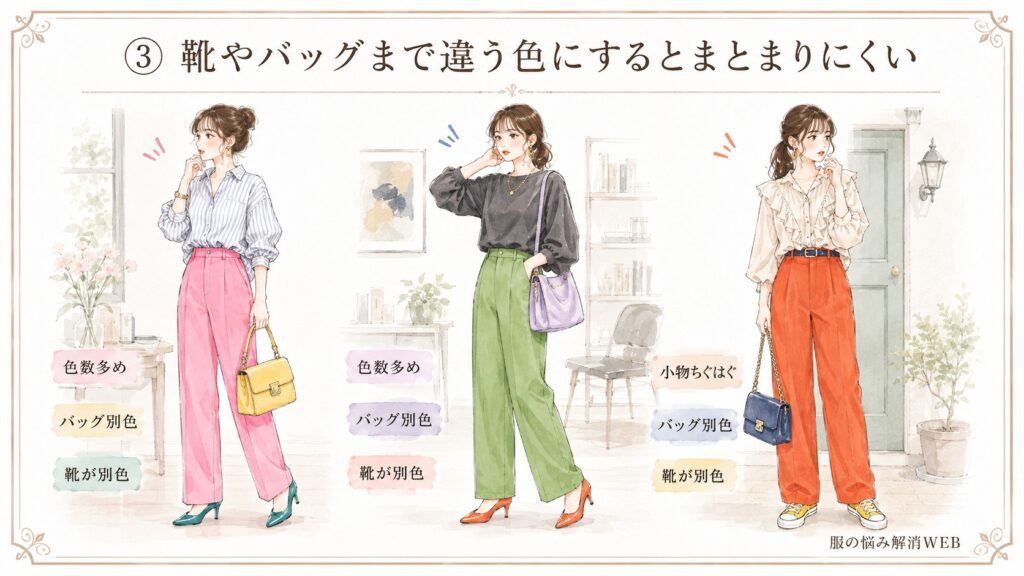 カラーパンツに異なる色の靴やバッグを合わせ、全身の色数が増えてまとまりにくくなった3つのNGコーデイラスト