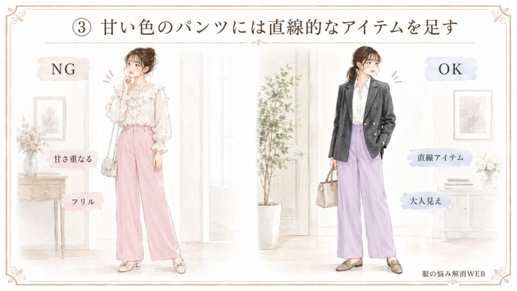 フリルブラウスと淡色パンツで甘さが重なったNG例と、ジャケットを合わせて大人っぽく整えたOK例