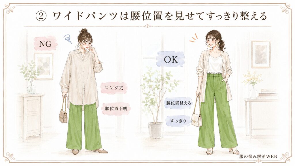 ロング丈トップスで腰位置が隠れたNG例と、トップスの着方を整えて腰位置を見せたワイドパンツのOK例