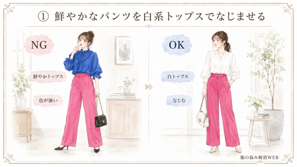 鮮やかなピンクパンツに青いトップスを合わせたNG例と、白系トップスでパンツの色をなじませたOK例の比較イラスト