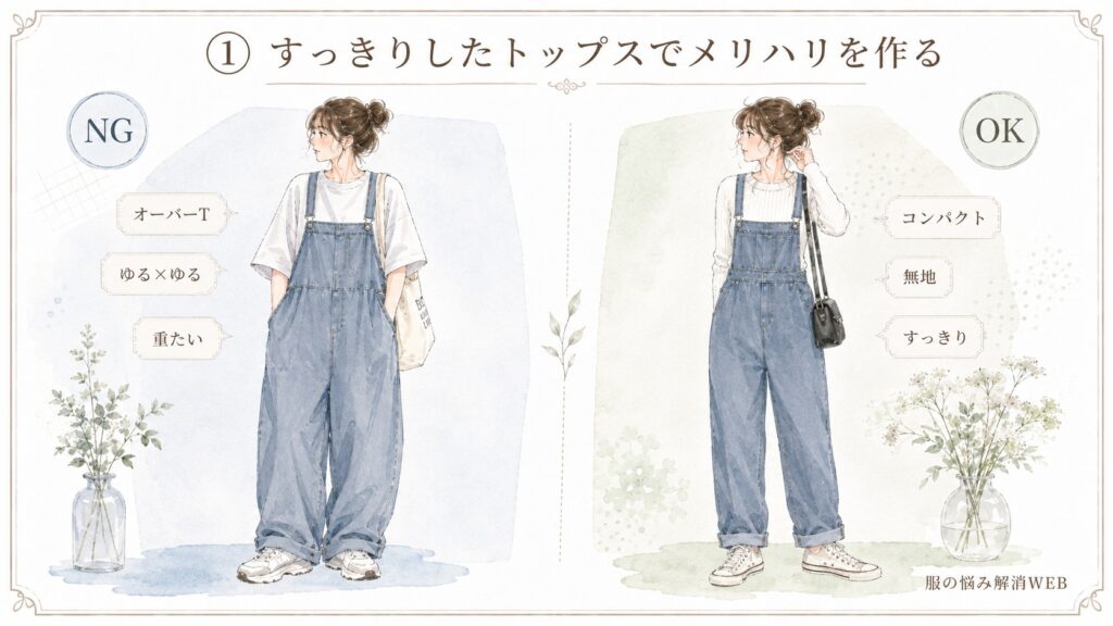 オーバーサイズトップスのNG例と、コンパクトなトップスですっきり見せたサロペットコーデのOK例