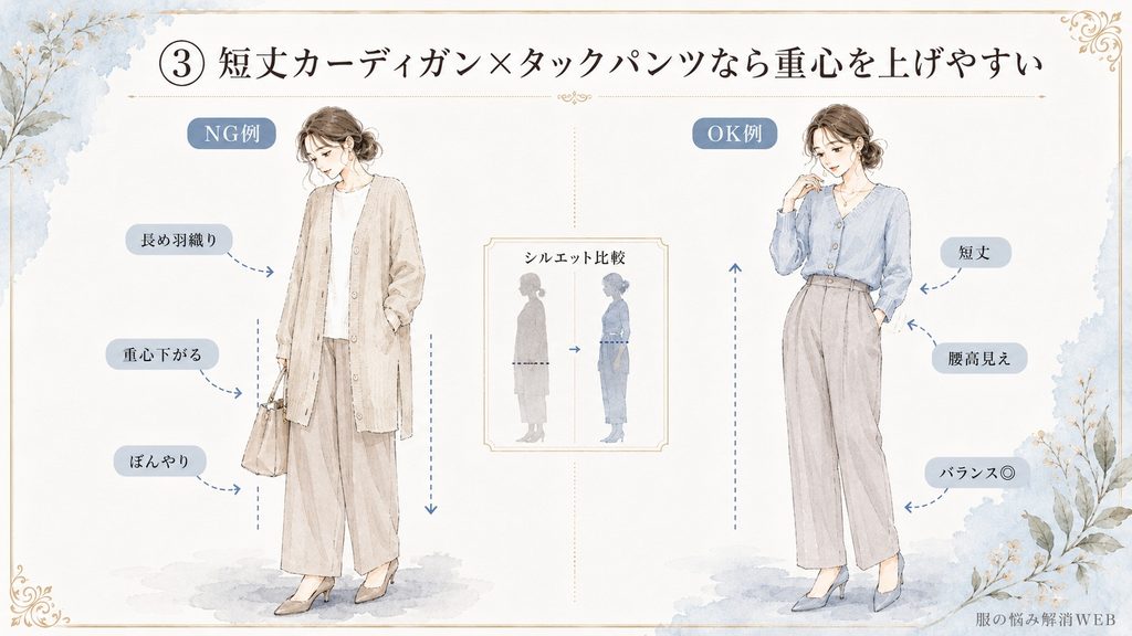 長めの羽織りで重心が下がるNG例と、短丈カーディガンで腰位置を高く見せたタックパンツのOKコーデ比較