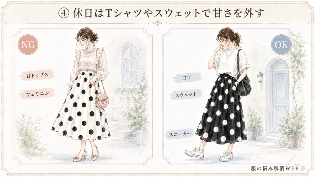甘いトップスを合わせたドット柄スカートのNG例と、Tシャツやスニーカーでカジュアルに仕上げたOK例の比較イラスト