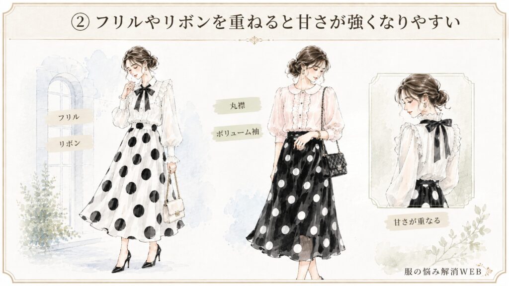 ドット柄スカートにフリルやリボン、丸襟などの甘いデザインを重ねたコーデ例を描いたファッションイラスト