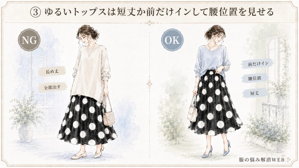 長いゆるトップスを全部出したNG例と、前だけインして腰位置を見せたドット柄スカートのOKコーデを比較したイラスト