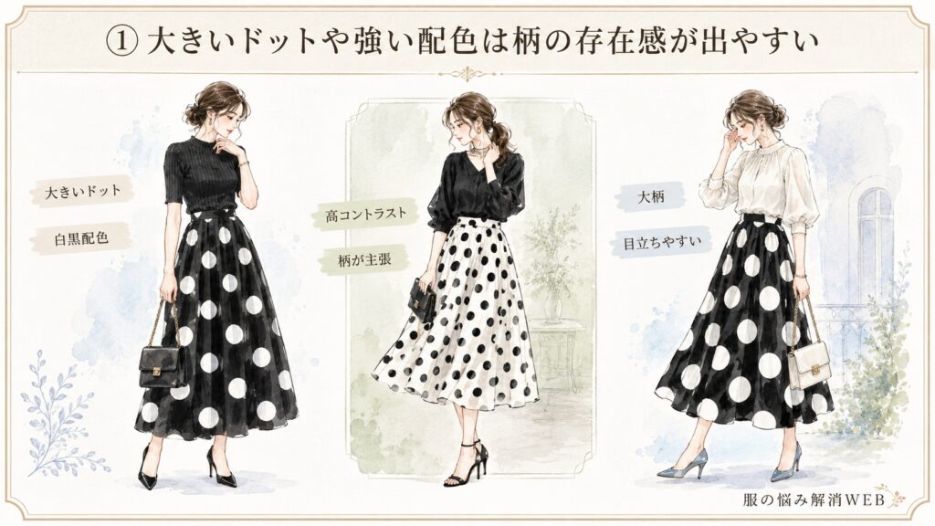 大きなドット柄や白黒の強い配色によって、スカートの柄が目立ちすぎるコーデ例を描いたファッションイラスト