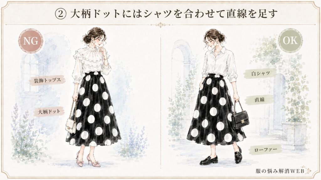 大柄ドットスカートに装飾トップスを合わせたNG例と、白シャツで直線的な印象を加えたOK例の比較イラスト