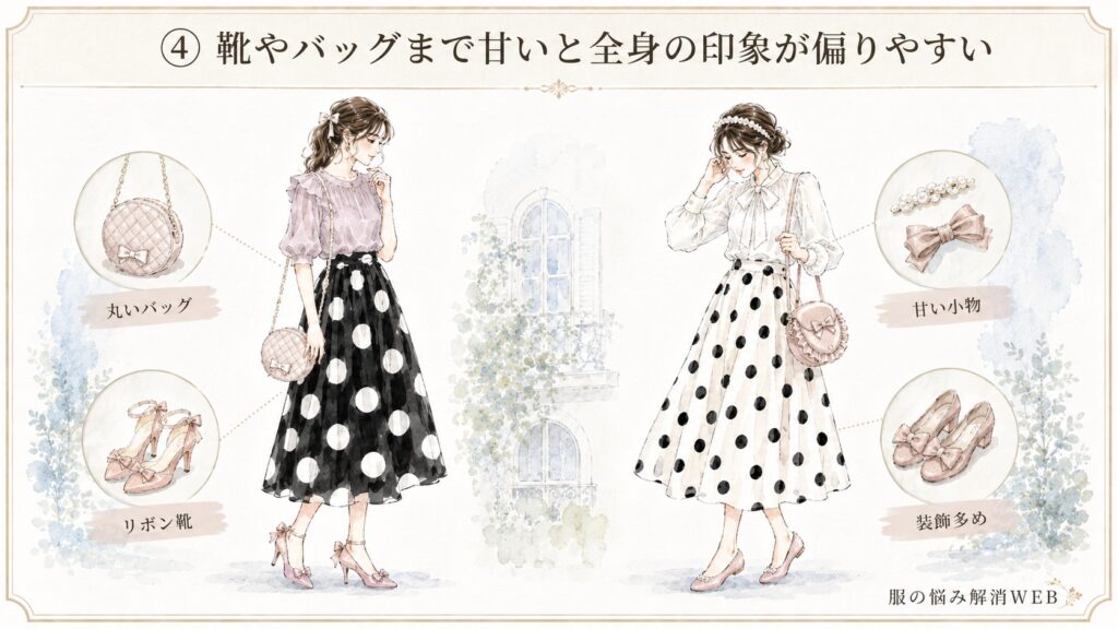 ドット柄スカートに丸いバッグやリボン付きの靴など甘い小物を重ねたコーデ例を描いたファッションイラスト