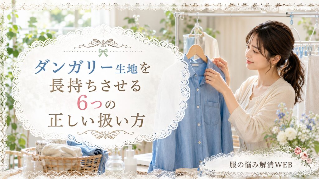 明るい室内でダンガリーシャツの形を整えながら丁寧にお手入れする女性