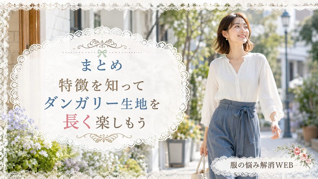お手入れしたダンガリー生地のパンツを着用し、明るい街中を笑顔で歩く女性