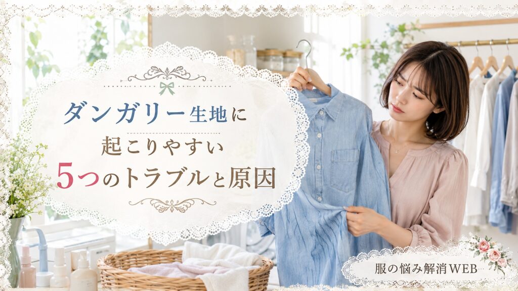 洗濯スペースでシワや色落ちが気になるダンガリーシャツを確認する女性