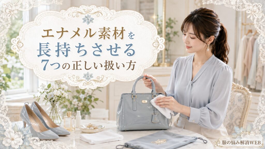 柔らかい布でエナメルバッグを丁寧に手入れする女性