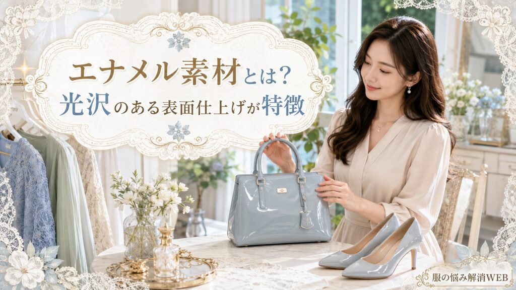 光沢のあるエナメルバッグとパンプスを確認する女性
