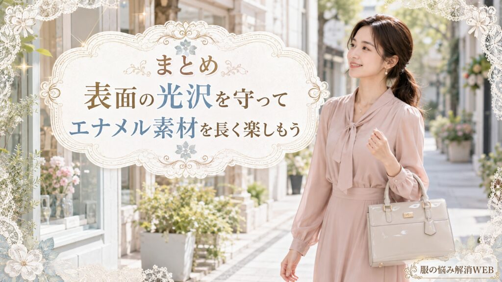 光沢のきれいなエナメルバッグを持って街を歩く女性