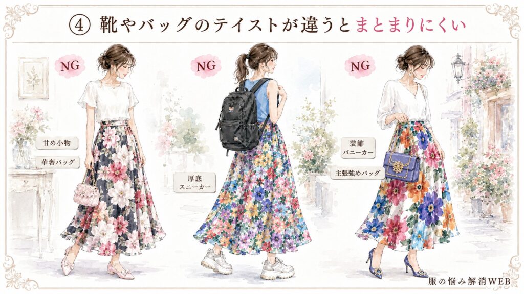 花柄スカートにテイストの異なる靴やバッグを合わせてまとまりにくくなったNGコーデ例