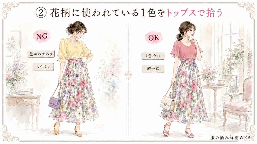 色がばらばらでちぐはぐなNG例と、花柄に使われている1色をトップスで拾って統一感を出したOK例の比較画像