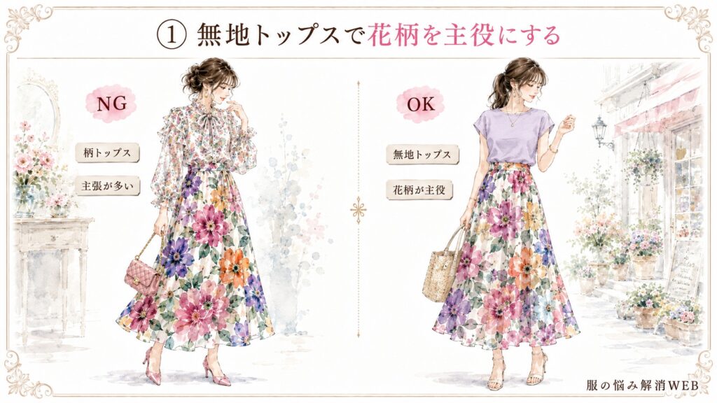柄トップスを合わせたNG例と、無地トップスで花柄スカートを主役にしたOK例を比較したコーデ画像