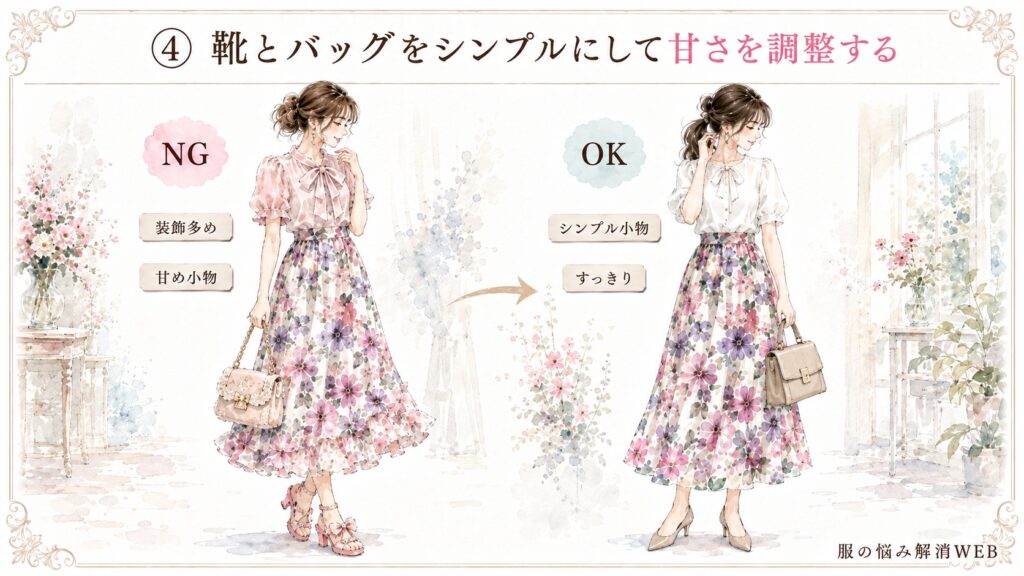 装飾の多い甘め小物を合わせたNG例と、靴とバッグをシンプルにしてすっきり見せたOK例の比較画像
