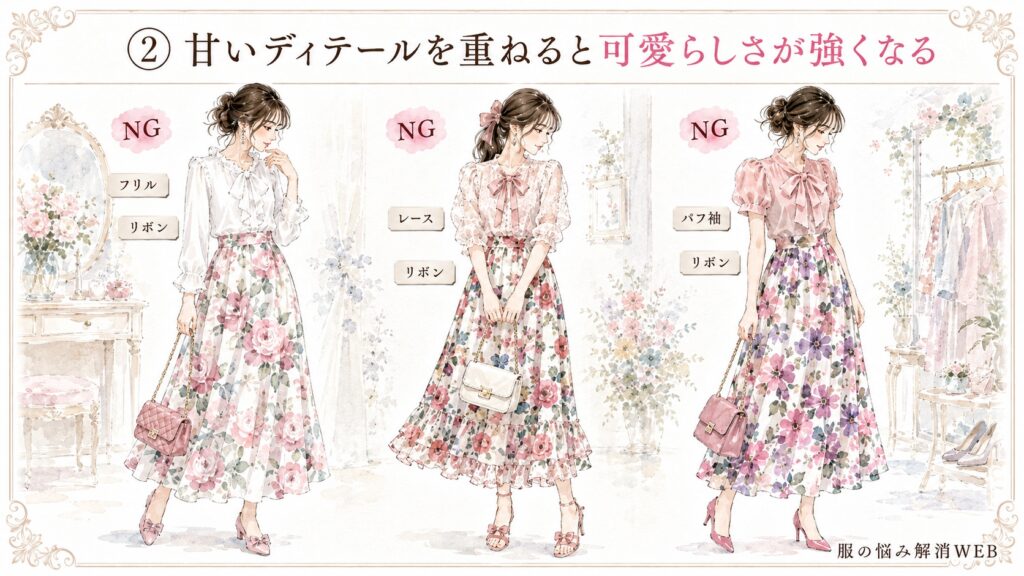 フリルやリボン、レースなど甘いディテールを重ねた花柄スカートのNGコーデ例