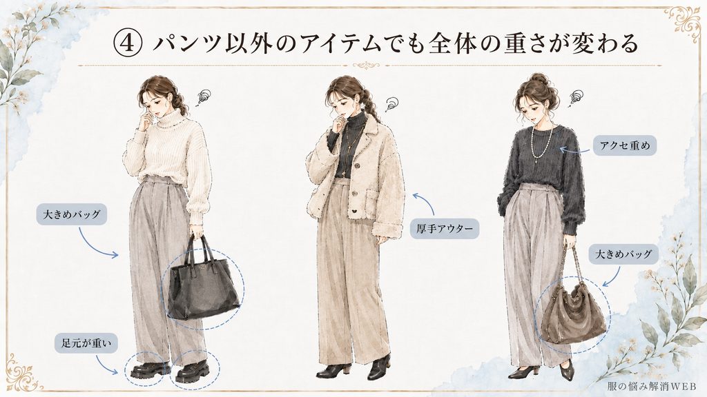 タックパンツに大きなバッグや厚手アウター、重い足元を合わせて全体が重く見えるNGコーデ例