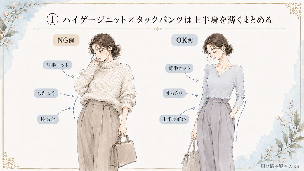 厚手ニットで腰回りが膨らむNG例と、薄手のハイゲージニットですっきり見せたタックパンツのOKコーデ比較