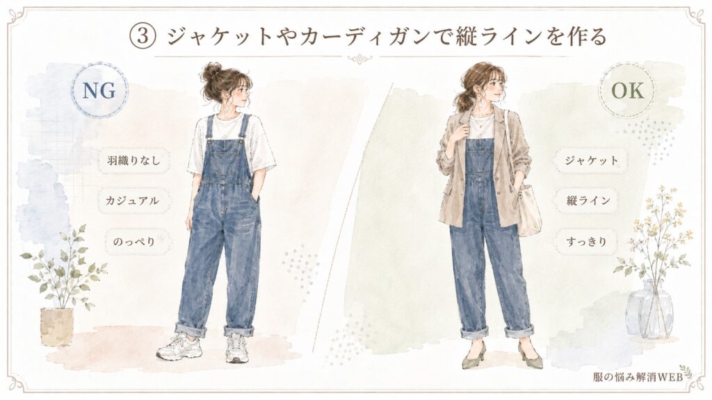 羽織りなしでのっぺり見えるNG例と、ジャケットで縦ラインを作ったサロペットコーデのOK例