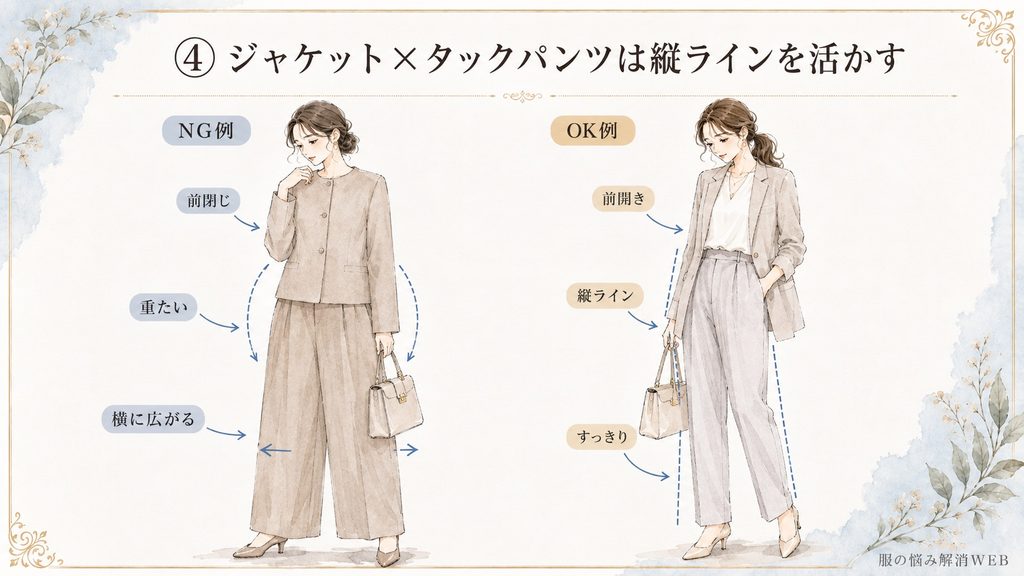 ジャケットを閉じて横に広がるNG例と、前を開けて縦ラインを作ったタックパンツのOKコーデ比較