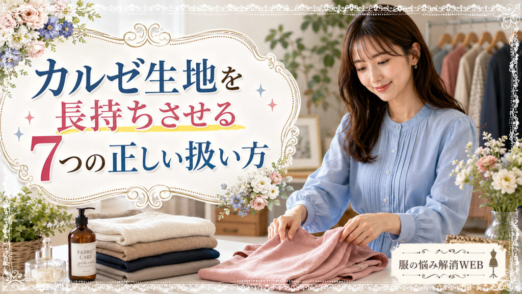 水色のブラウスを着た女性が、カルゼ生地を長持ちさせるためにピンクの衣類を丁寧に整えている画像