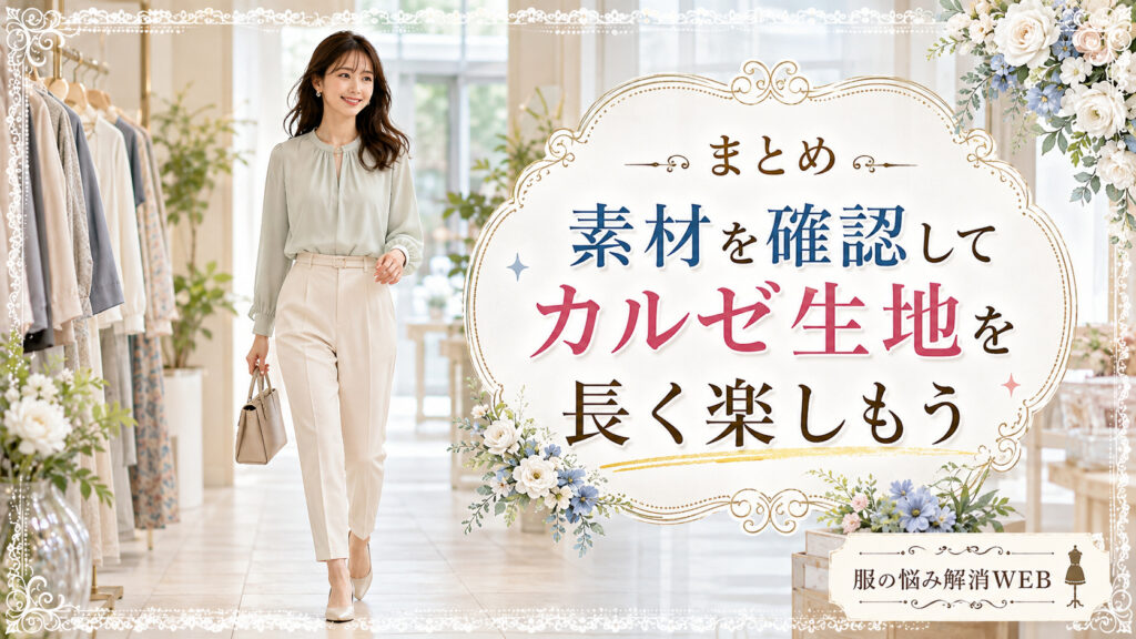 素材を確認して手入れしたカルゼ生地の衣類を楽しむイメージで、淡いグリーンの服を着た女性が明るい店内を歩いている画像