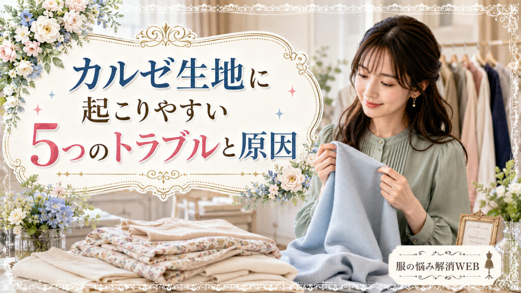 カルゼ生地に起こりやすいトラブルを確認するため、くすみグリーンの服を着た女性が青い生地を手に取り状態を見ている画像