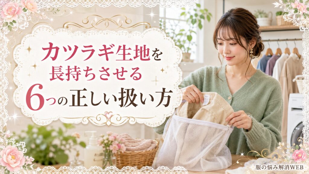 カツラギ生地の衣類を洗濯ネットに入れて丁寧にお手入れする女性