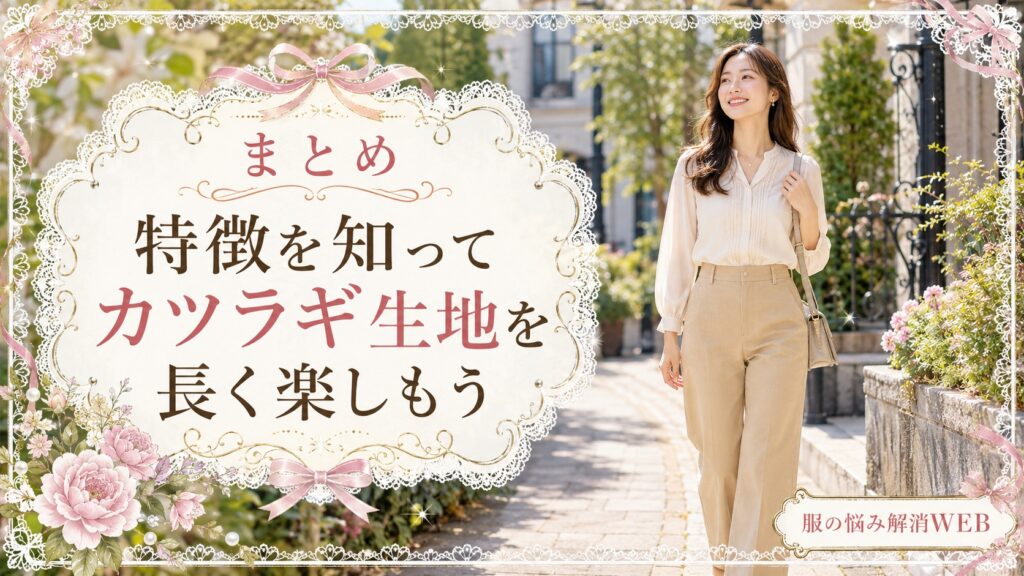 きれいにお手入れしたカツラギ生地のパンツを着て街を歩く女性