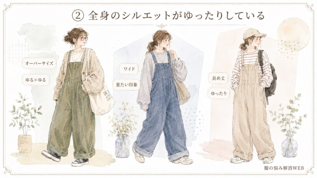オーバーサイズのトップスとワイドなサロペットで全身がゆったり見えるコーデのNG例