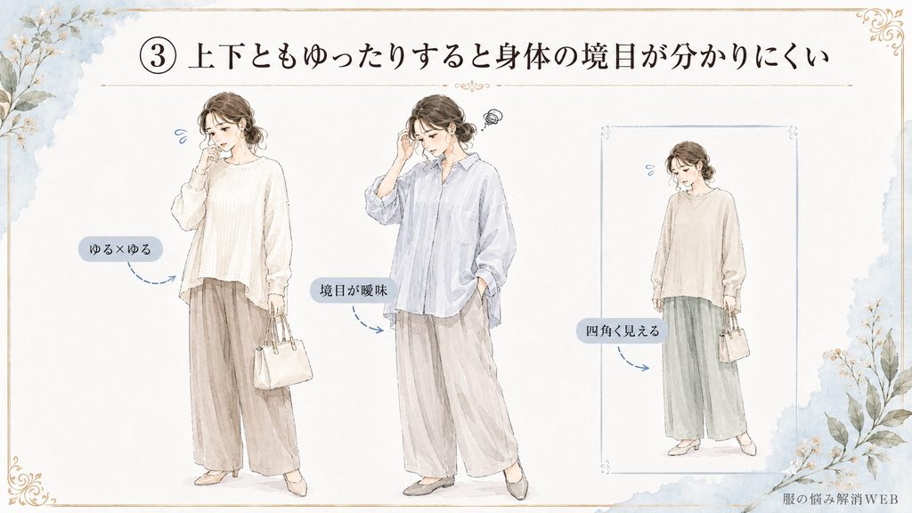 ゆったりしたトップスとタックパンツを合わせて身体の境目が曖昧になり、全体が四角く見えるNGコーデ例