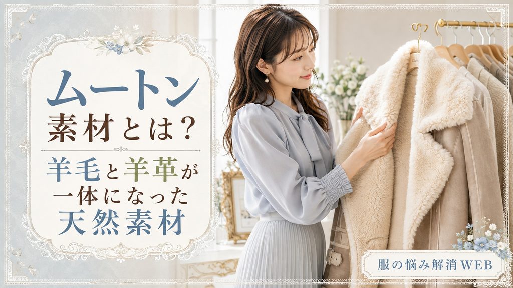 ムートン素材のコートを手に取り、羊毛と羊革が一体になった天然素材の特徴を確認する女性