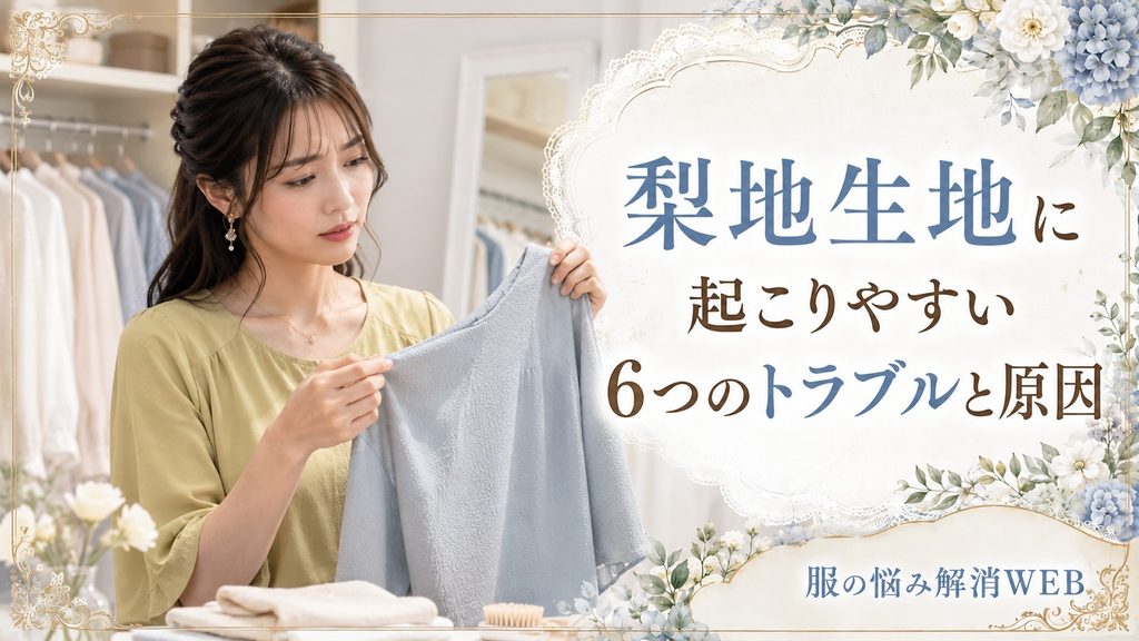 梨地生地の表面を確認しながら、起こりやすいトラブルや原因を気にする女性の画像