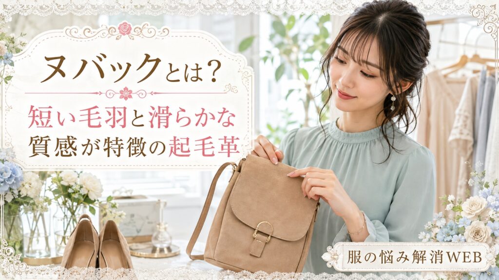 ヌバックの短い毛羽となめらかな質感を、バッグに触れながら確認する女性