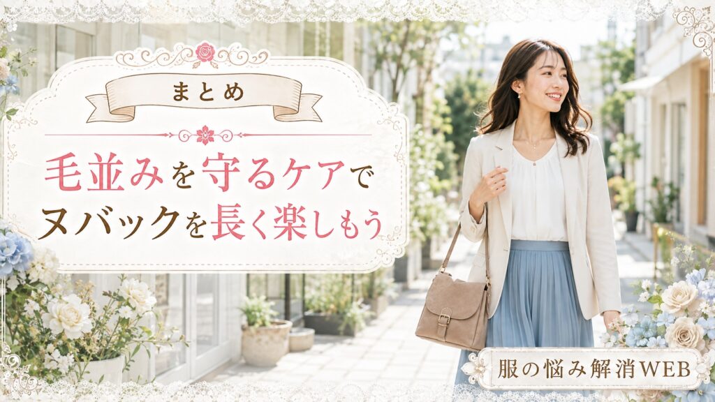 きれいに手入れされたヌバックバッグを持ち、明るい街中を歩く女性
