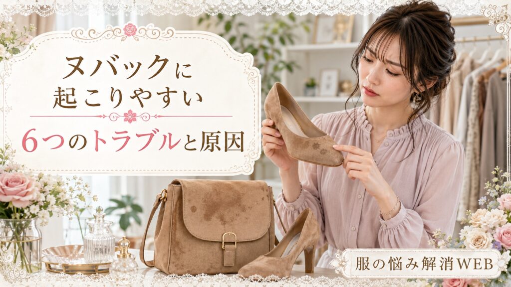 シミや色ムラが付いたヌバックの靴とバッグを確認して悩む女性