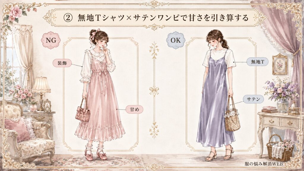 装飾トップスで甘く見えるサテンキャミワンピのNG例と、無地Tシャツで甘さを抑えたOK例