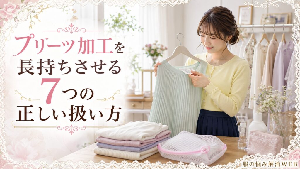 洗濯表示を確認しながらプリーツ衣類を丁寧に手入れする女性