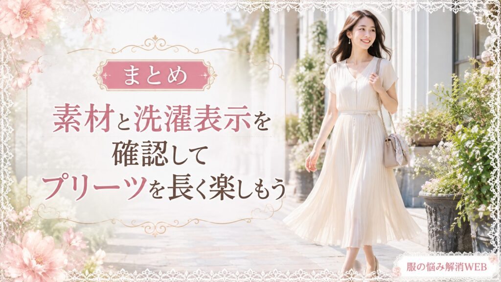 きれいなプリーツワンピースを着て明るい街中を歩く女性