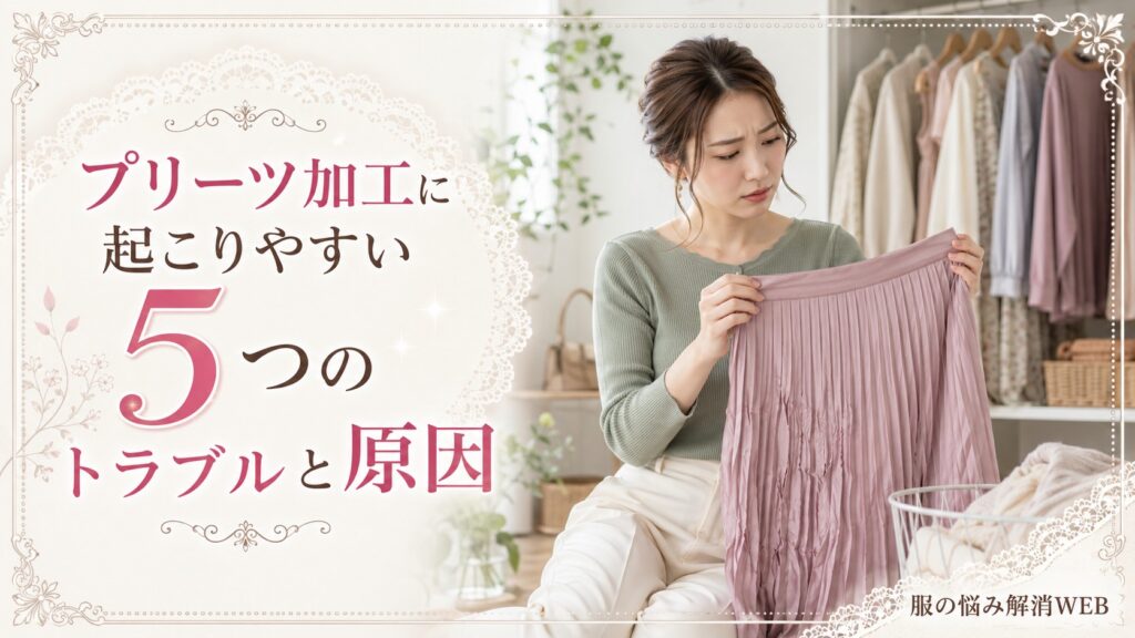 ひだが乱れてシワがついたプリーツスカートを確認して悩む女性