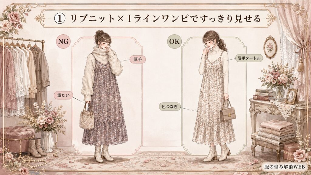 厚手インナーで重たく見えるキャミワンピのNG例と、薄手リブニットとIラインワンピですっきり見せたOK例